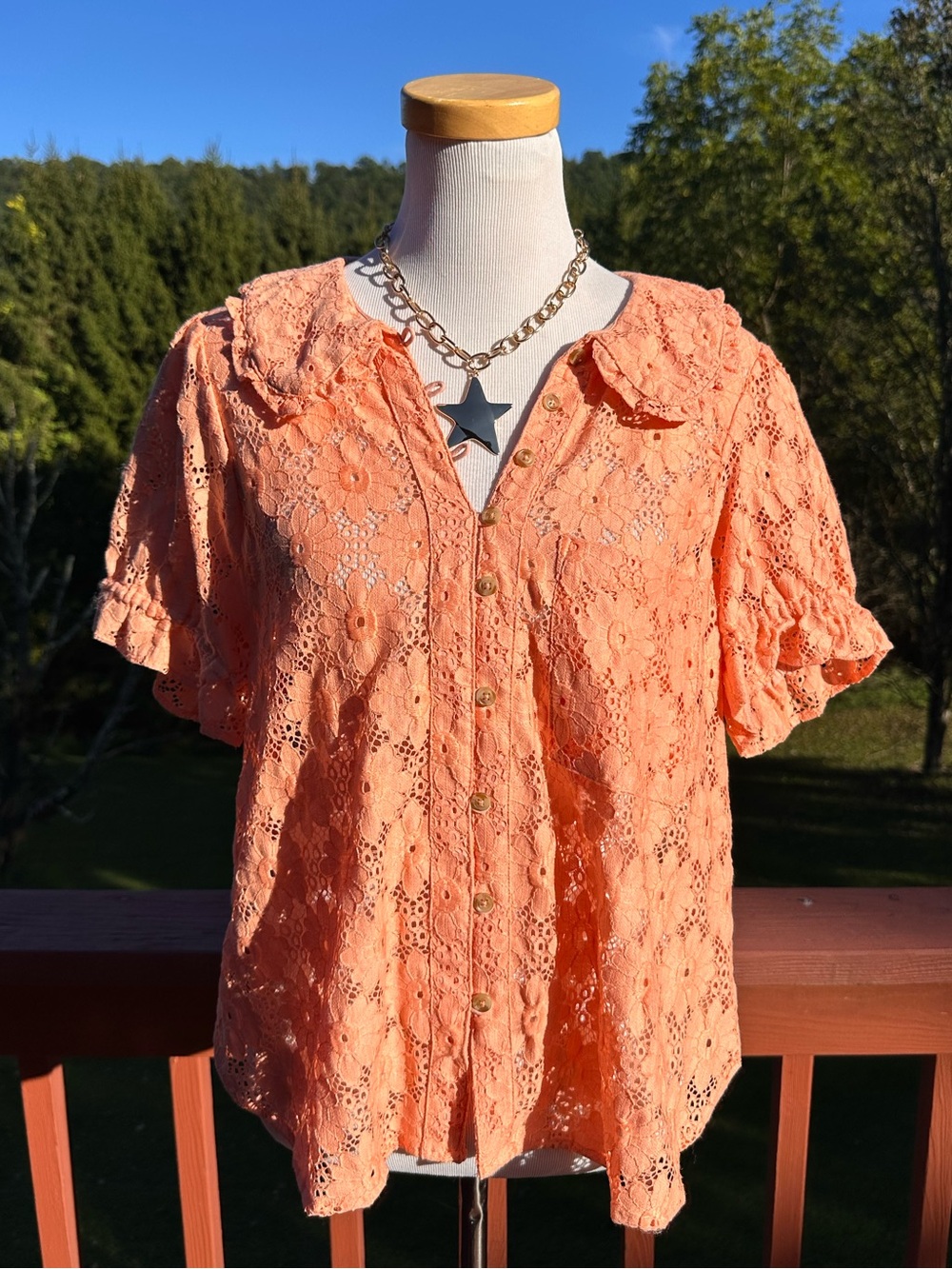 Pilcro Anthropologie Peach Lace Eyelet Button-Up Blouse